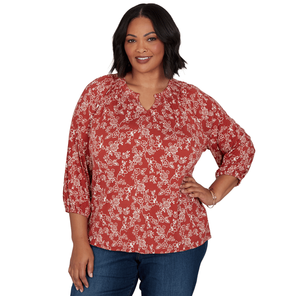 Plus Size Ruby Rd. Romance On The Ranch Ruffle Neck Floral Blouse