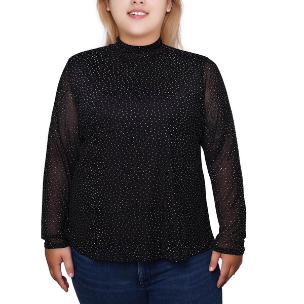 Plus Size NY Collection Mesh w/ Rhinestone Lined Blouse - image 