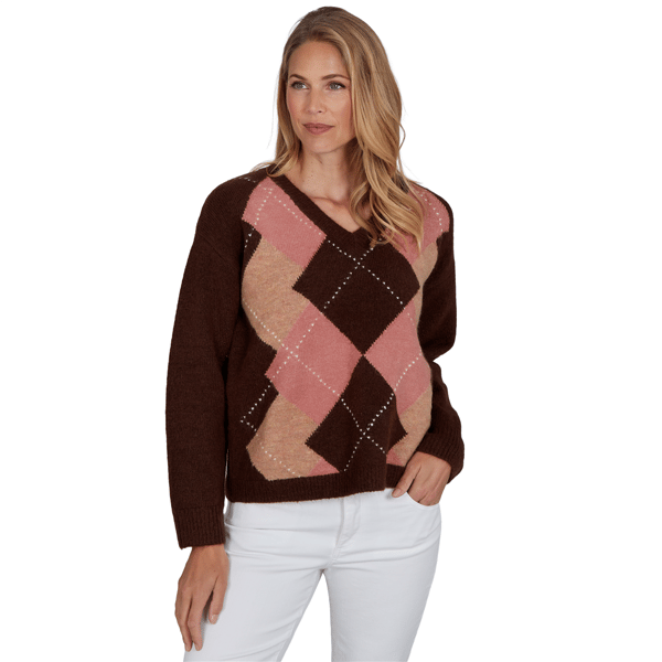 Petite Hearts of Palm Berry Fabulous V Neck Argyle Sweater - image 