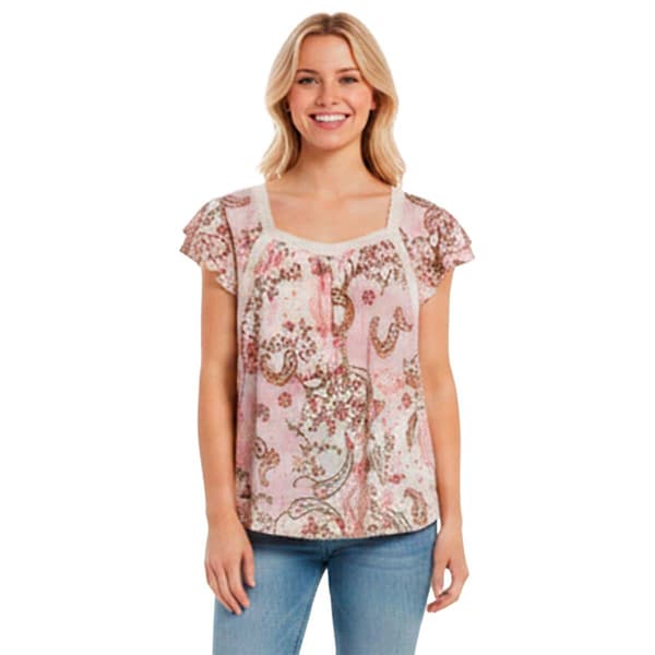 Womens Absolutely Famous Short Flutter Sleeve Square Neck Blouse - image 