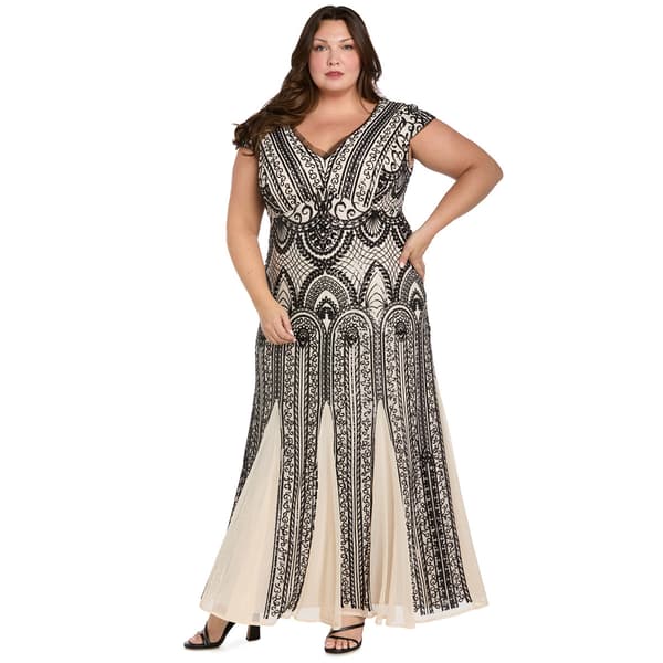 Plus Size R & M Richards Cap Sleeve V Neck Two Tone Beaded Gown - image 
