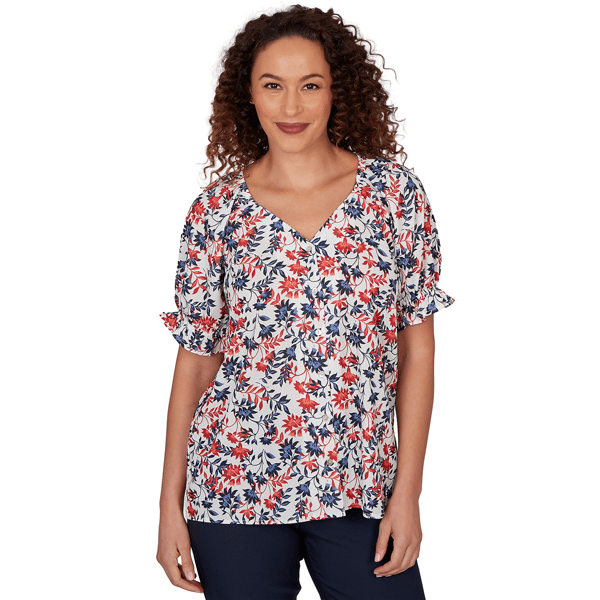 Petite Emaline Sapphire Serenade II Elbow Sleeve Floral Blouse