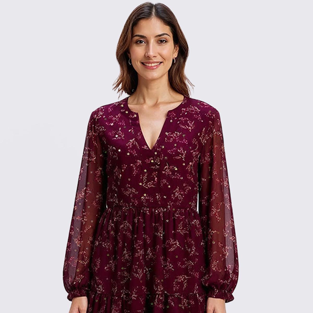 Womens Perceptions Long Sleeve Floral Chiffon Babydoll Dress