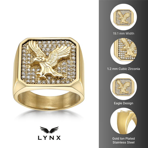 Mens Lynx Gold-Tone Ion Plated Cubic Zirconia Eagle Ring