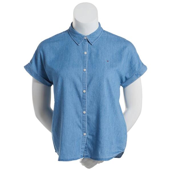 Womens Tommy Hilfiger Short Sleeve Chambray Button Down Blouse - image 