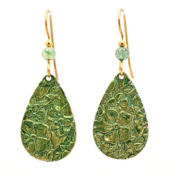 Silver Forest Floral Texture Soft Green Teardrop Dangle Earrings - image 