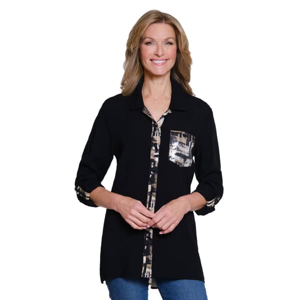Womens Multiples Roll Tab Sleeve Abstract Blouse - image 