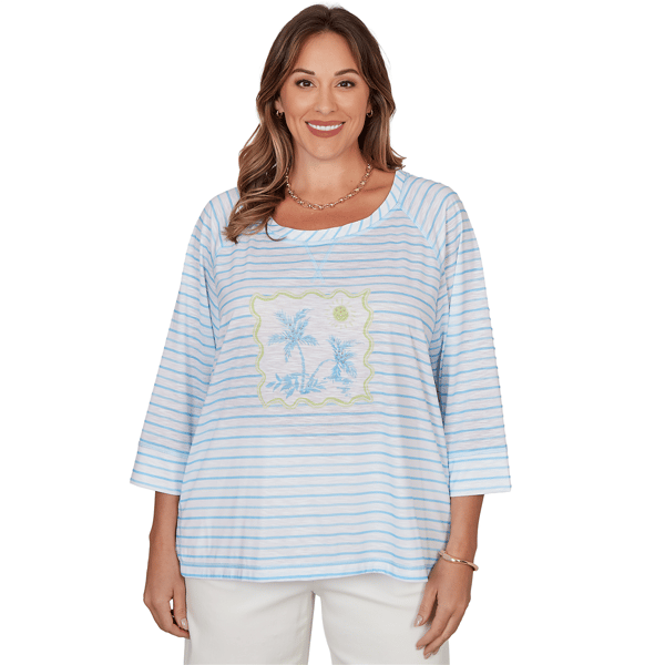 Plus Size Heart''s of Palm Aqua Fresh Printed Ploy Slub 3/4 Sleev - image 