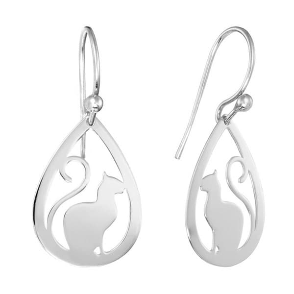 Athra Sterling Silver Laser Cut Cat Teardrop Earrings