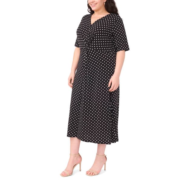 Plus Size MSK Elbow Sleeve V Neck Dot Midi Dress