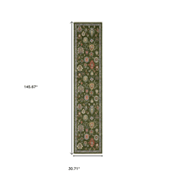 HomeRoots Green Yellow & Ivory Oriental Runner Rug With Fringe