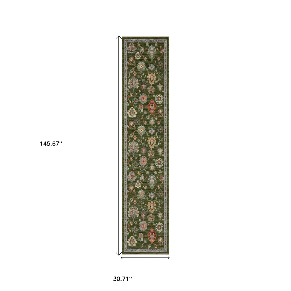 HomeRoots Green Yellow & Ivory Oriental Runner Rug With Fringe