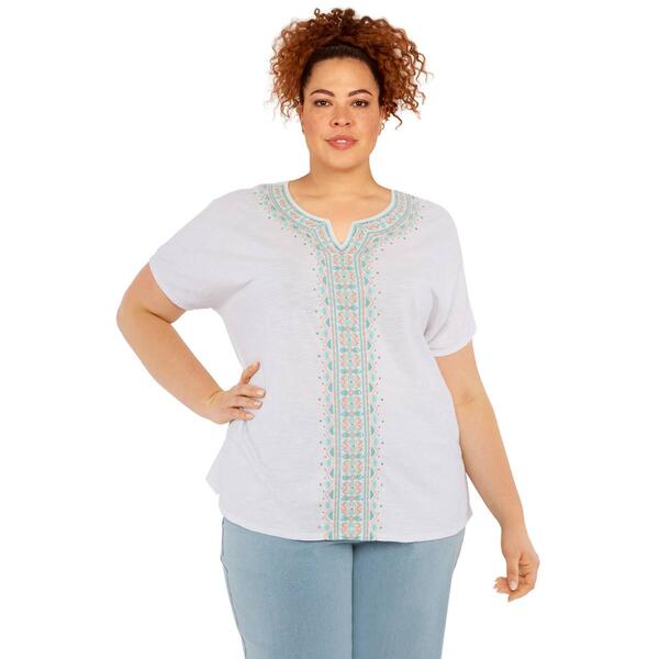 Plus Size Alfred Dunner Coconut Grove Center Geo Embroidery Tee - image 