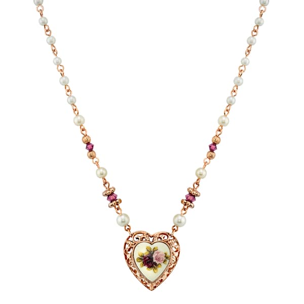 1928 Faux Pearls & Amethyst Crystal Vintage Floral Pendant - image 