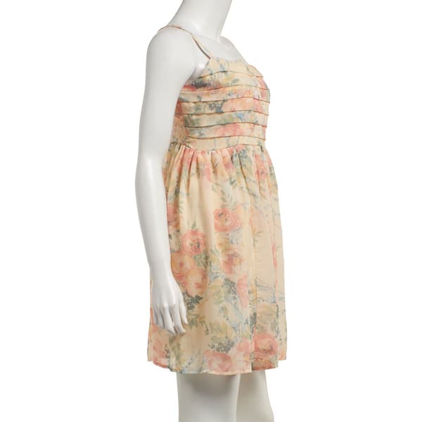 Juniors Wallflower Floral Chifffon Pleat Bodice Skater Dress