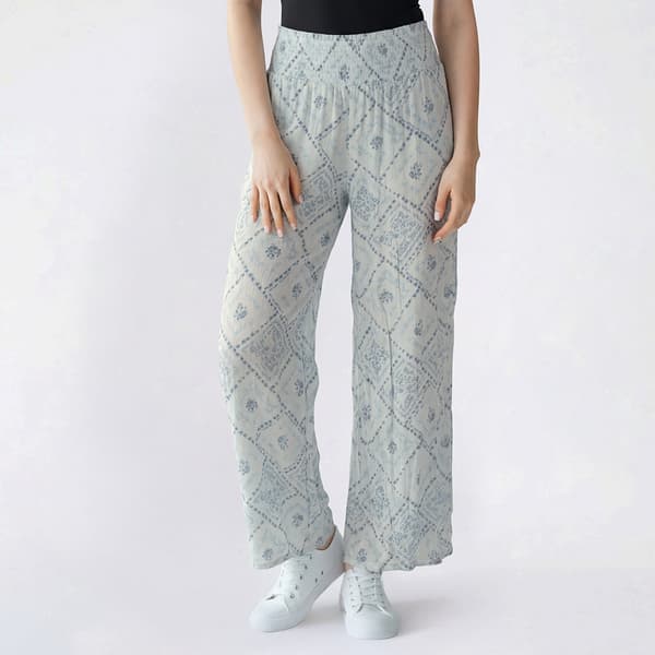 Juniors Pink Rose Gauze Print Smock Waist Wide Leg Pants- Tile