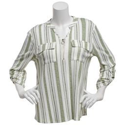 Womens Cure 3/4 Roll Tab Sleeve Pocket Stripe Zip Neck Blouse