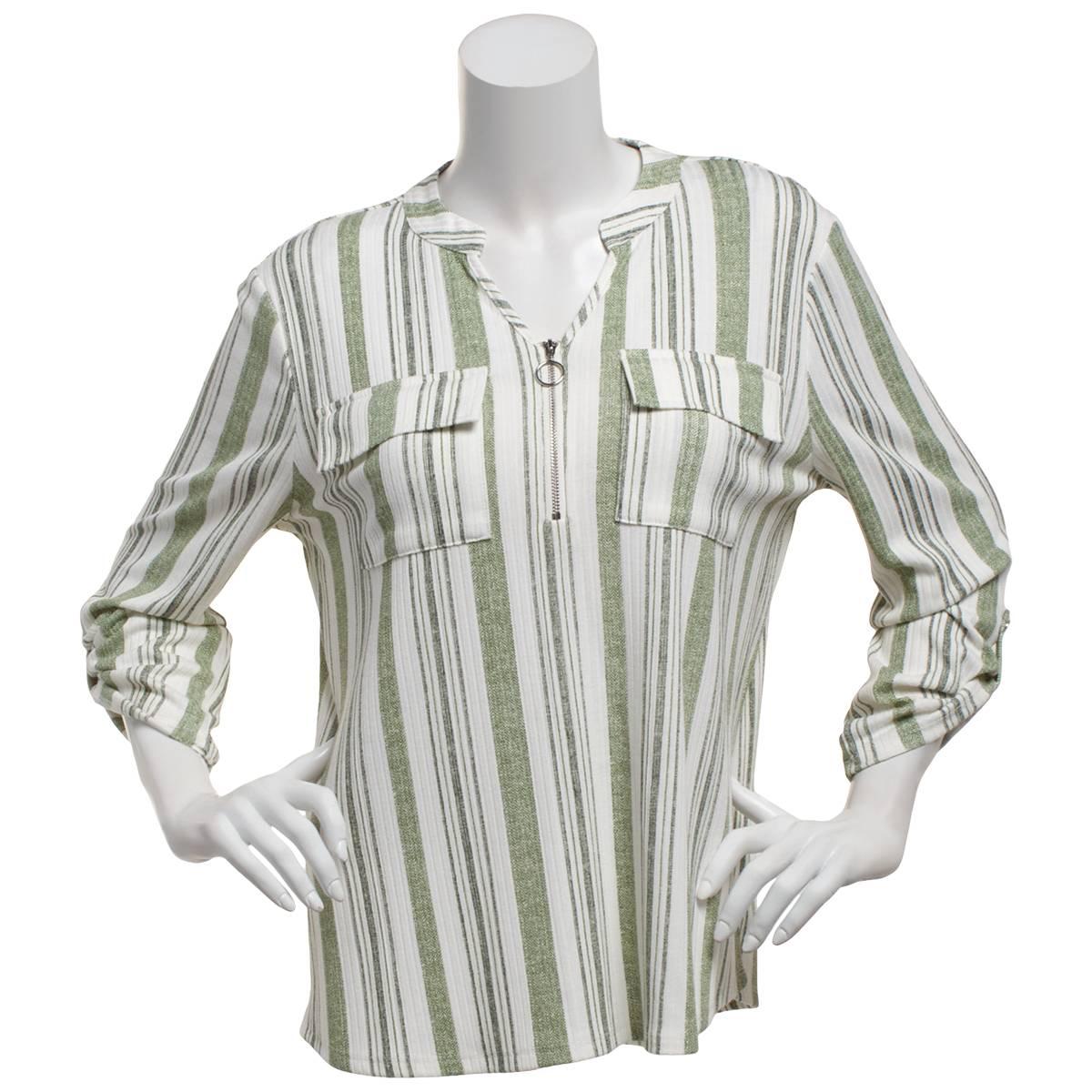 Plus Size Cure 3/4 Roll Tab Sleeve Pocket Stripe Zip Neck Blouse