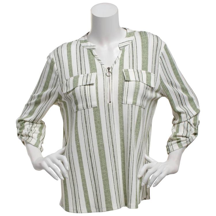 Womens Cure 3/4 Roll Tab Sleeve Pocket Stripe Zip Neck Blouse