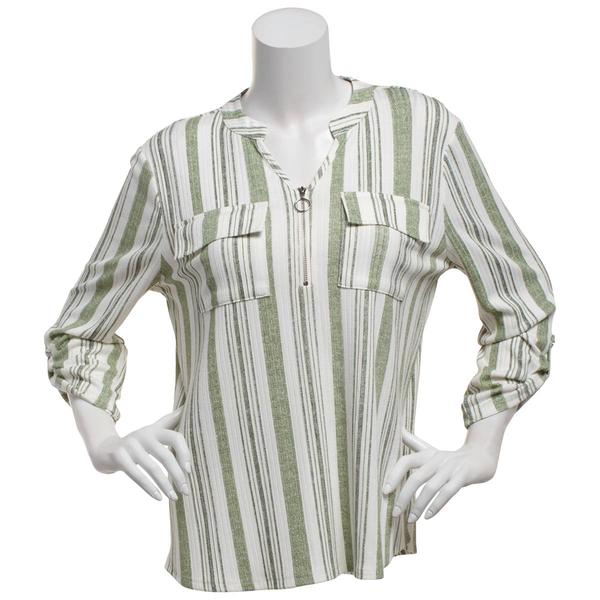 Womens Cure 3/4 Roll Tab Sleeve Pocket Stripe Zip Neck Blouse