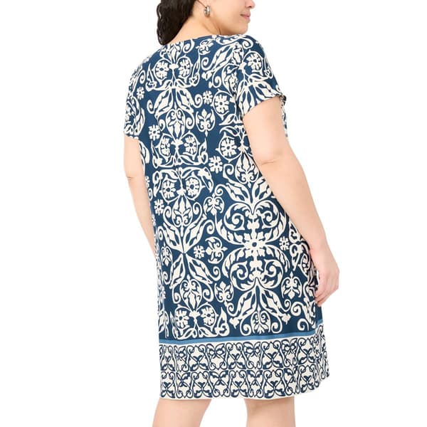 Plus Size MSK Short Sleeve 3 O-Ring Damask Shift Dress