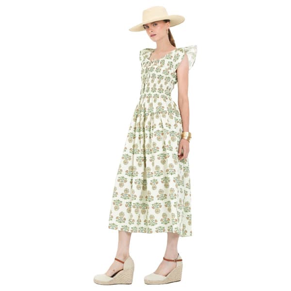 Womens MNK Ruffle Sleeve Smock Waist Fit & Flare Dress