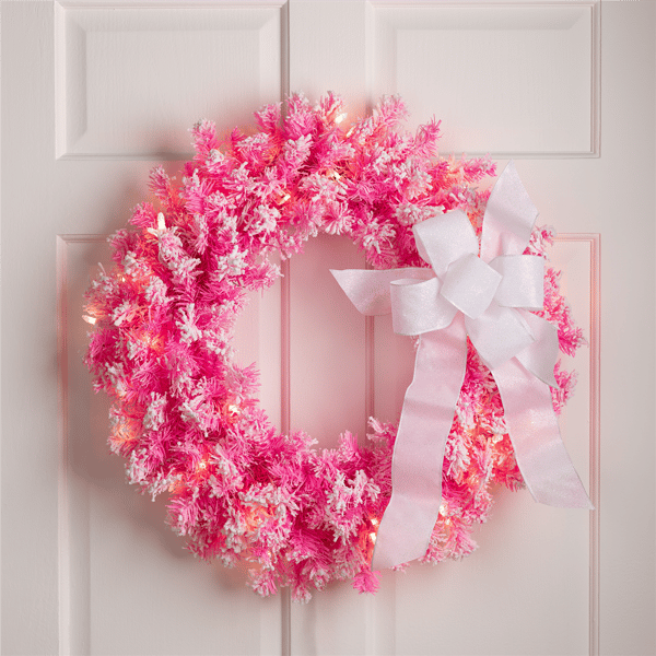 Northlight 24in. Pre-Lit Flocked Pink Pine Christmas Wreath