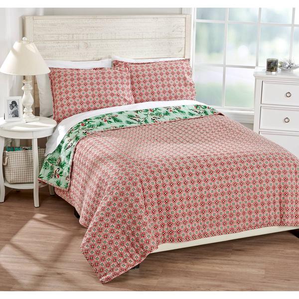 Martha Stewart Holiday Birds Reversible Flannel Quilt Set