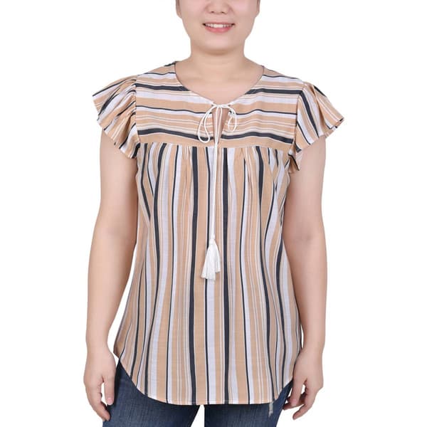Petite NY Collection Cap Sleeve Tuwa Stripe Tie Neck Blouse - image 