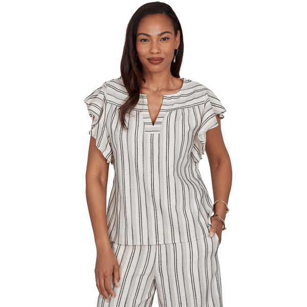 Womens Ruby Rd. Tropical Noir Flutter Sleeve Stripe Blouse