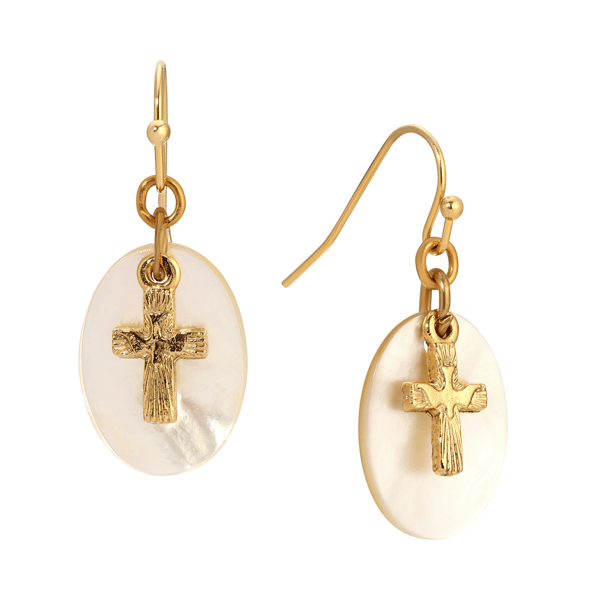 Symbols of Faith Gold-Tone Cross Mother Of Pearl Wire Earrings - image 