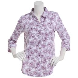 Womens Emily Daniels Knit To Fit Floral Button Front Blouse-Plum
