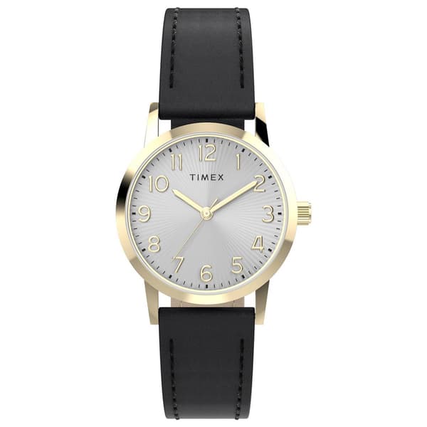 Womens Timex(R) Silver Dial Watch w/ Black Leather Strap - TW2Y672