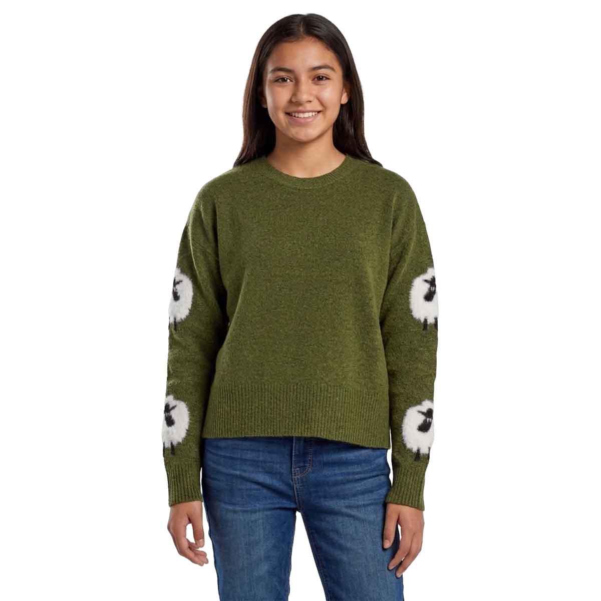 Juniors No Comment Mossy Sheep Sleeve Sweater- Green