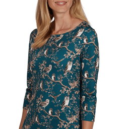 Womens Emaline Key Items 3/4 Sleeve Boat Neck All Over Owl Tee