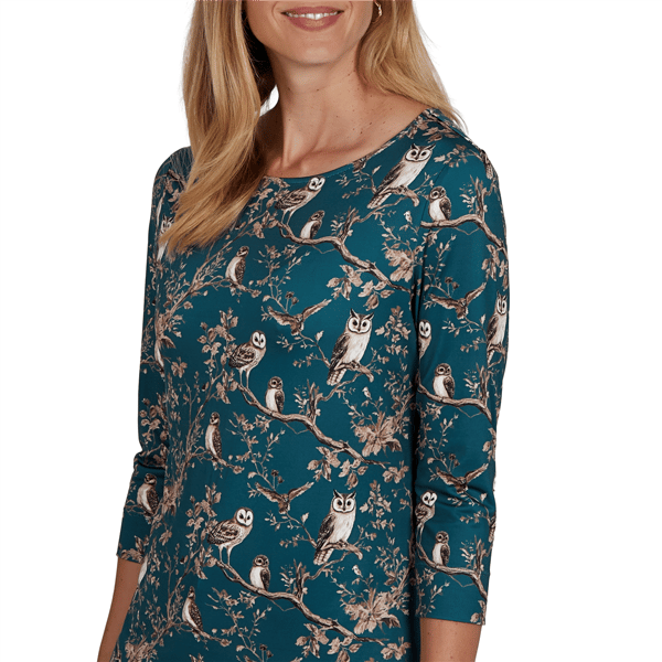 Womens Emaline Key Items 3/4 Sleeve Boat Neck All Over Owl Tee