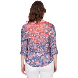 Plus Size Ruby Rd. Red White & New 3/4 Sleeve Knit Floral Blouse