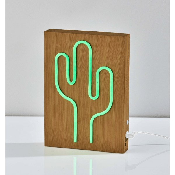Simplee Adesso Wood Framed Neon Cactus Table/Wall Lamp