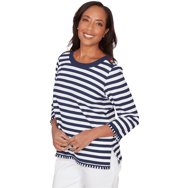 Petites Alfred Dunner Port Side Pique Stripe Button Detail Top - image 