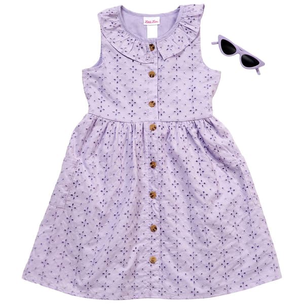 Girls (7-12) Little Lass® Flutter Sleeve Eyelet Dress w/ Sunglass