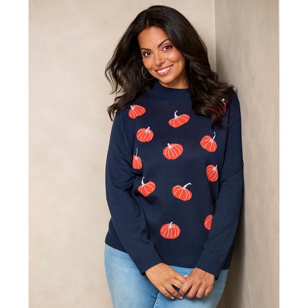 Womens Retrology Long Sleeve Metallic Tossed Pumpkins Sweater - image 