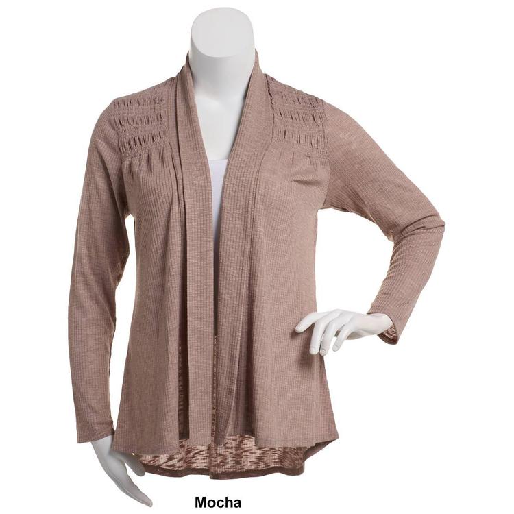 Plus Size Cure Open Front Solid Smocked Yoke Cardigan