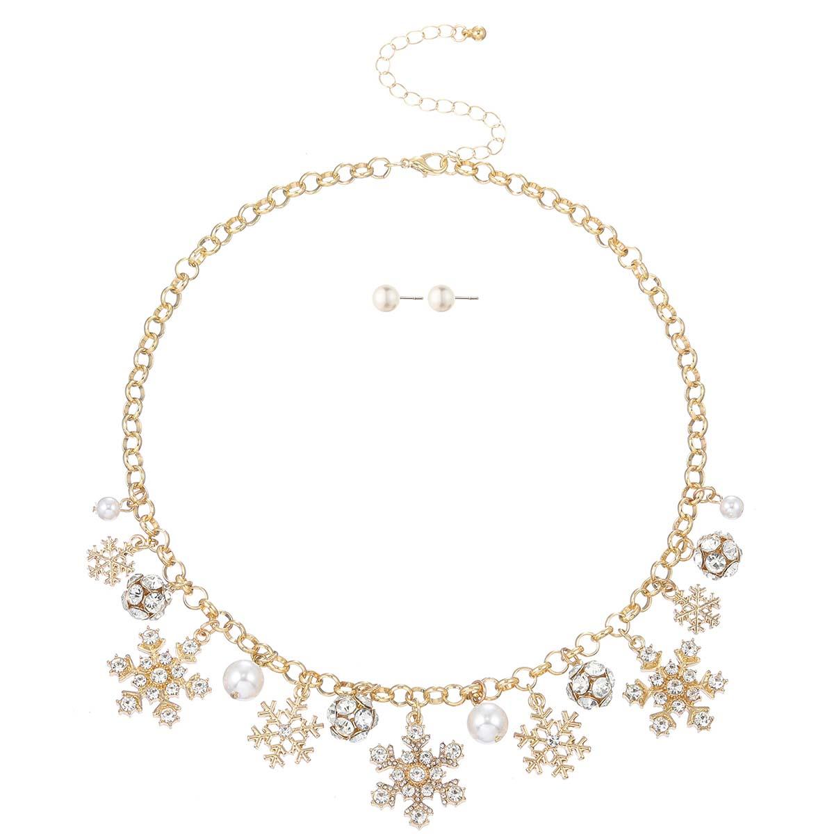 Snowflake Pearl & Crystal Ball Charm Necklace & Earring Set