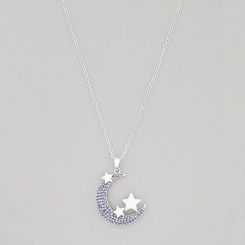 Silver Plate Brass Moon & Star Pendant Necklace