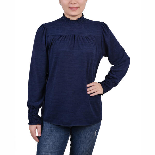 Plus Size NY Collection Long Sleeve Ruffled Mock Neck Hacci Top - image 