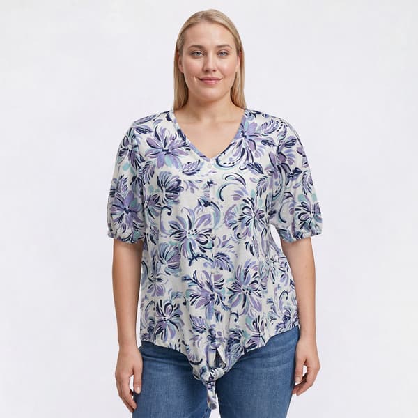 Plus Size Emily Daniels Elbow Sleeve Floral Tie Front Blouse