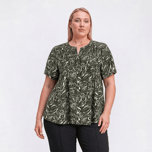 Plus Size Napa Valley Short Sleeve Floral Leaf Henley Blouse - image 