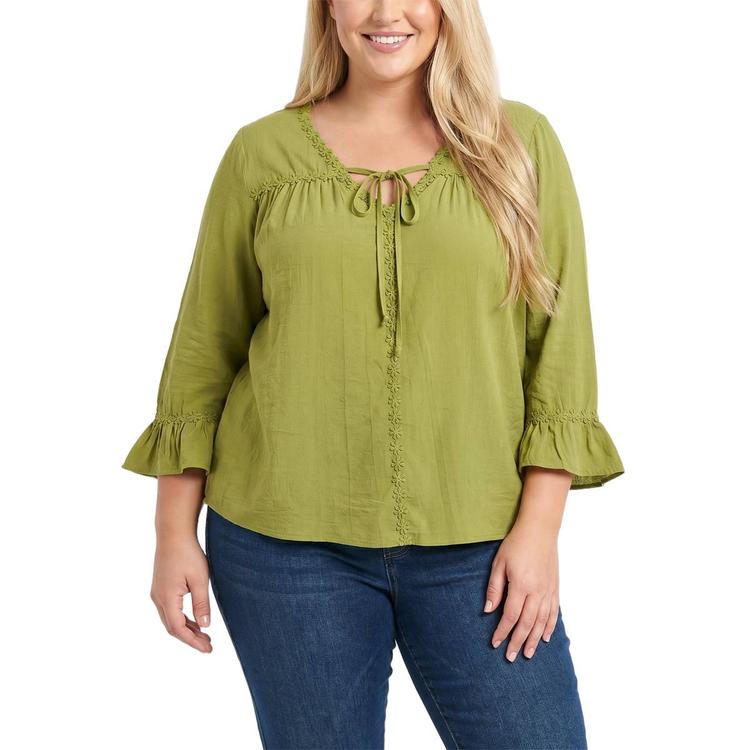 Plus Size NY Collection 3 Quarter Ruffle Sleeve Vneck W/Tie Soli