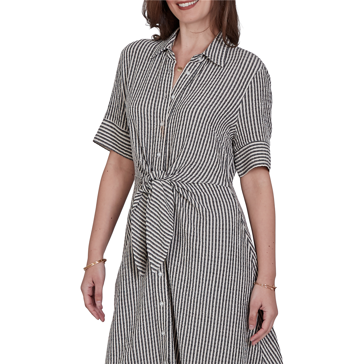 Petite Ruby Rd. Tropical Noir Stripe Knot Front Shirtdress
