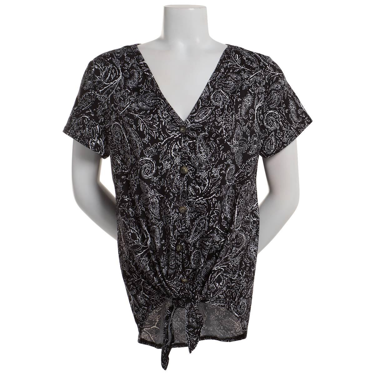 Womens C’est La Vie Short Sleeve Solid Button Down Tie...